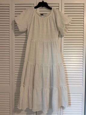 White Tiered Short-Sleeve Midi Dress